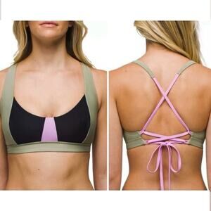 NWT prAna Tulum Bikini Top Sage Green Pink Colorblock Lace Up Back Swim, Size S